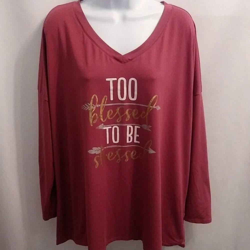 "Too Blessed to Be Stressed” Long Sleeve Graphic Tee 1X